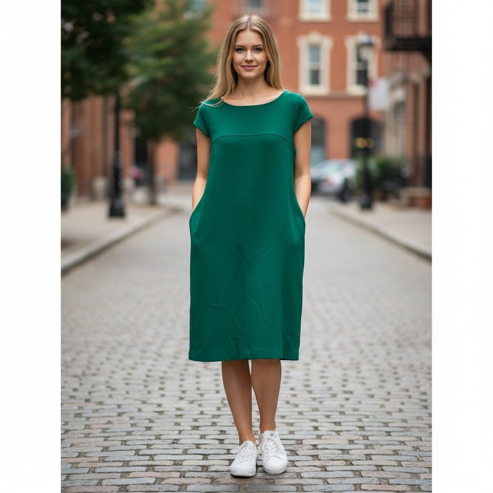 Vince Camuto Sheath Dress Womens 6 Green Cap Sleeve Pocket Goldβ Zip Workwear